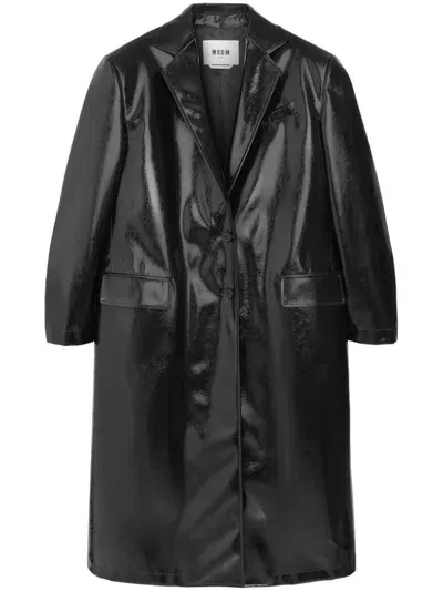 Msgm Faux-leather Single-breasted Coat In Black