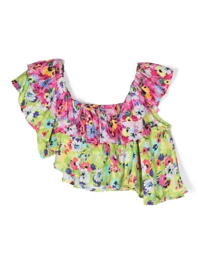 Msgm Floral-print Ruffled Blouse In Grün