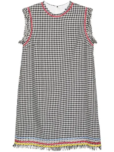 Msgm Gingham Fringed Mini Dress In Black