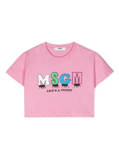 Msgm Babies' Graphic Slogan-print Cropped T-shirt In Rosa