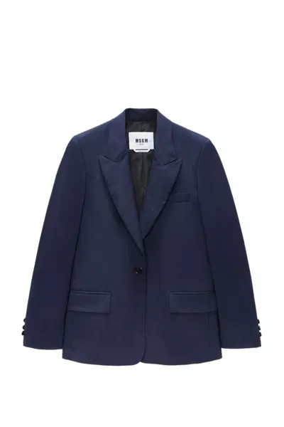 Msgm Logo-appliqué Single-breasted Blazer In Blue