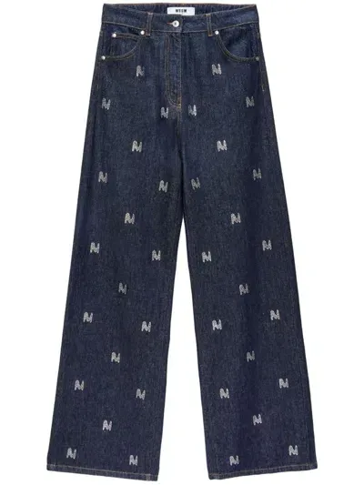 Msgm Rhinestone-logo Wide-leg Jeans In Blue