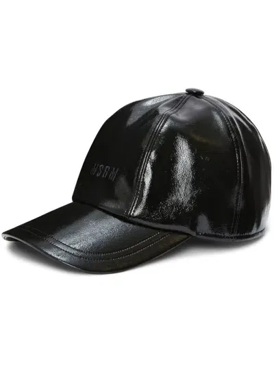 Msgm Logo-embroidered Faux-leather Baseball Cap In Black