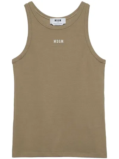 Msgm Logo-embroidered Ribbed Tank Top In Neutral