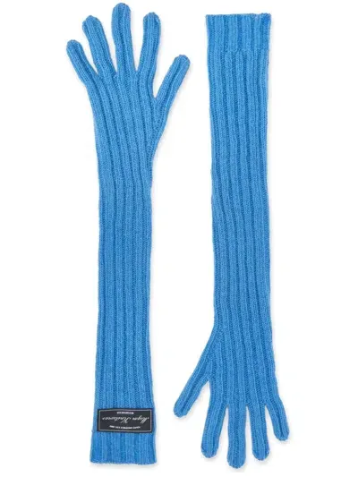 Msgm Logo-patch Ribbed-knit Gloves In Blue