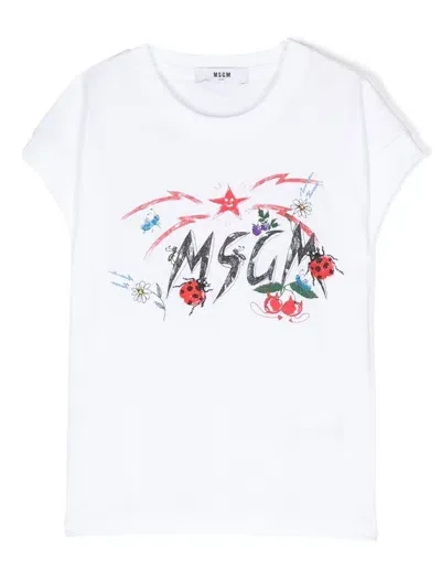 Msgm Kids' Logo-print Cotton T-shirt In White