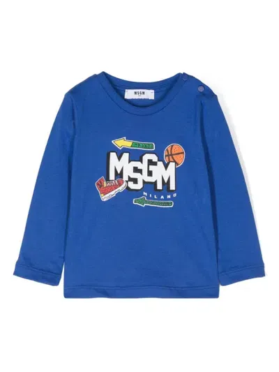 Msgm Babies' Logo-print T-shirt In Blue