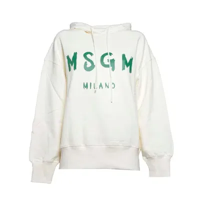 Msgm Logo Printed Drawstring Hoodie In Beige