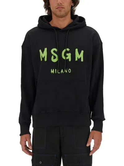 Msgm Logo Printed Drawstring Hoodie In Black