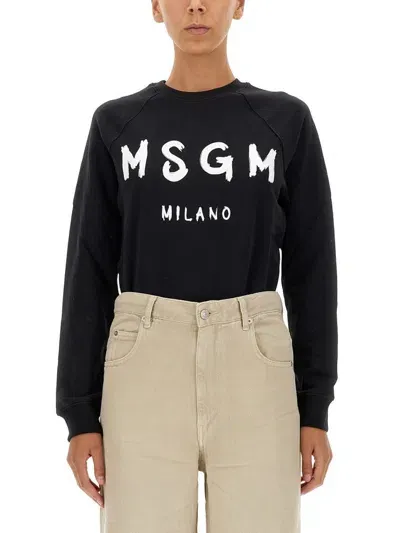 Msgm Logo Printed Ribbed Sweatshirt In Black