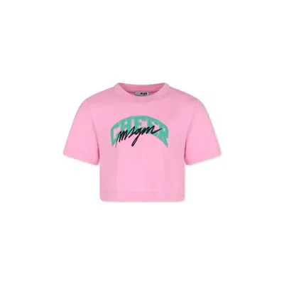 Msgm Kids' Pink Crop T-shirt For Girl With Logo