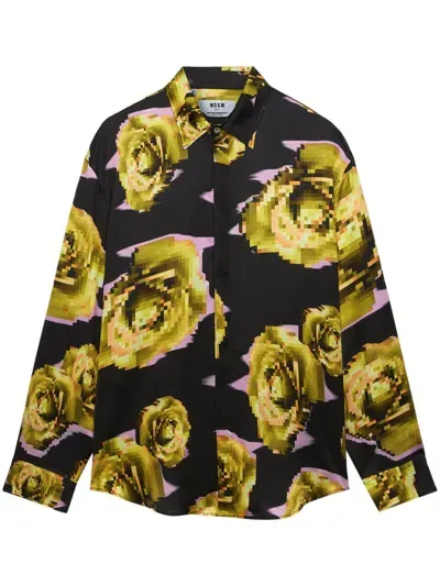 Msgm Pixelated Rose Print Shirt In Black