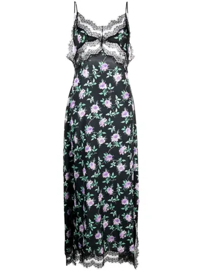 Msgm Rose-print Slip Maxi Dress In Black