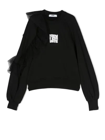 Msgm Ruffle-detail Logo-print Sweatshirt In Black