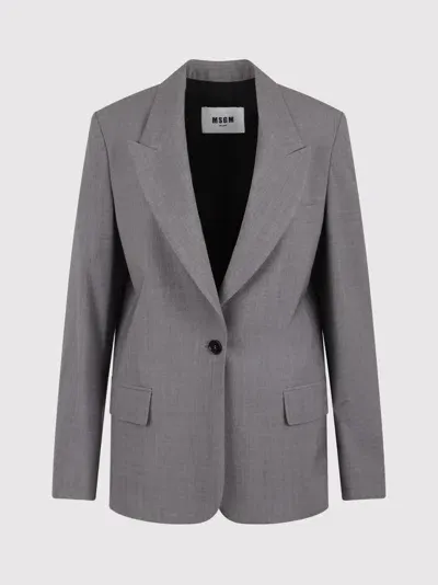 Msgm Single-breasted Blazer With Applique In Grey