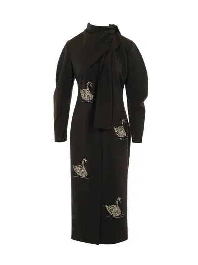 Msgm Swan Embellished Scarf Detailed Maxi Dress In Black