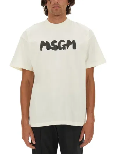 Msgm T-shirt With Brushed Logo In Ivory