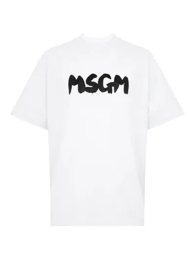 Msgm White Cotton T-shirt With Logo Print