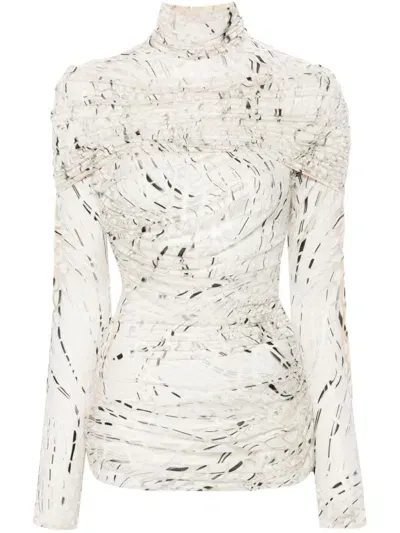 Mugler Abstract-print Ruched Top In White