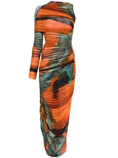 Mugler Archive-print Asymmetrical Mesh Dress In Orange