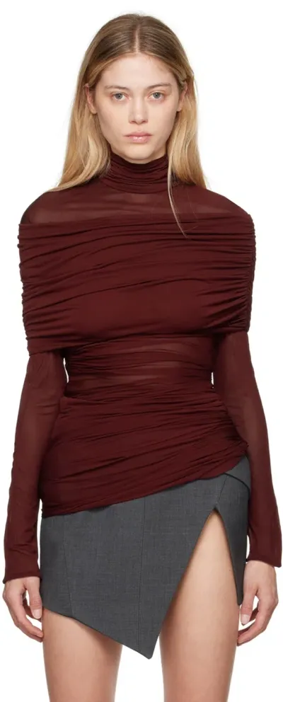 Mugler Burgundy Ruched Turtleneck In 3054 Blood Red