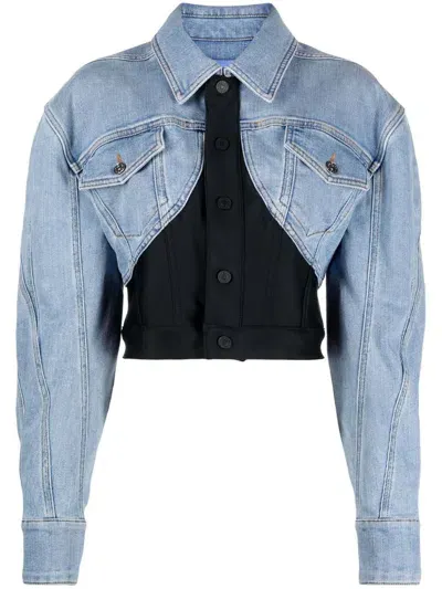 Mugler Cropped Denim Jacket In Blue