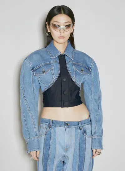 Mugler Cropped Denim Jacket In Blue