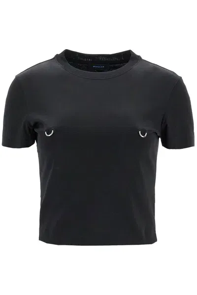 Mugler Cropped T-shirt With Piercing In Black