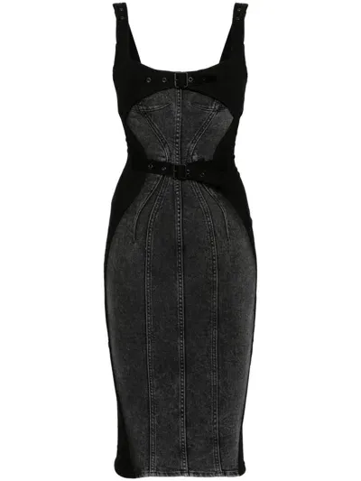 Mugler Denim Buckled Midi Dress In Schwarz