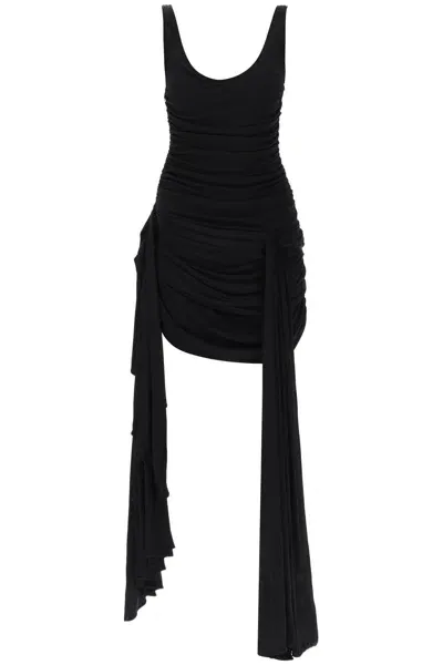 Mugler Draped Mini Dress With Side Trains In Black