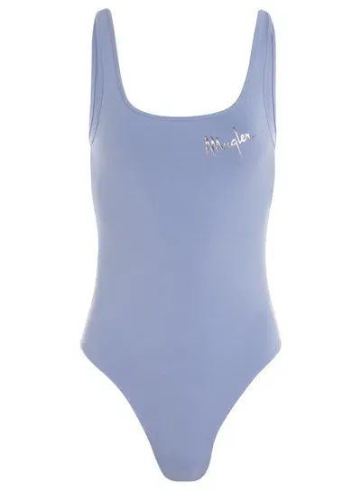 Mugler Logo-print Cotton Bodysuit In Blue