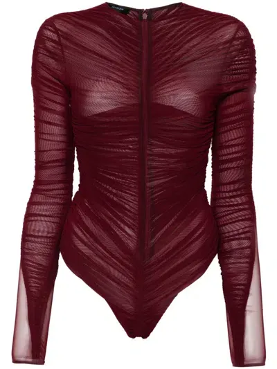 Mugler Gathered Semi-sheer Bodysuit In Bordeaux