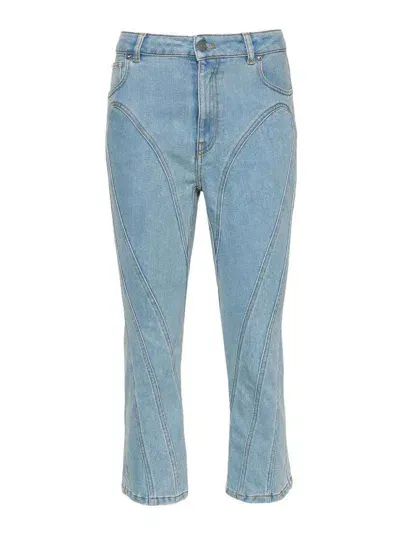 Mugler Stretch Denim Cropped Jeans In Light Blue