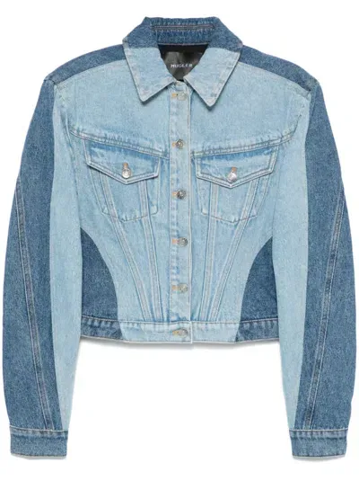 Mugler Bi-tone Denim Jacket In Tbdtb - Tokyo Bluedark Tokyo Blu