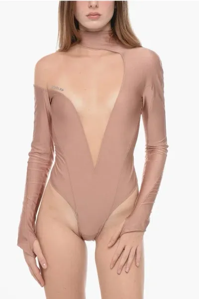 Mugler Jersey Tumb-hole Body With Mesh Inserts In Neutral