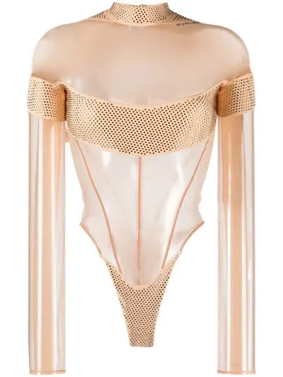 Mugler Logo-plaque Sheer-panels Body In Gold