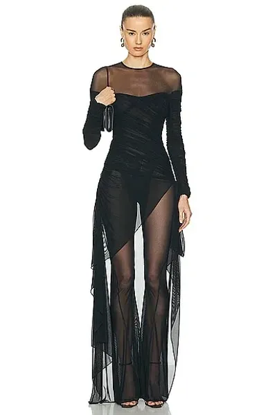 Mugler Draped Mesh Jumpsuit In Black