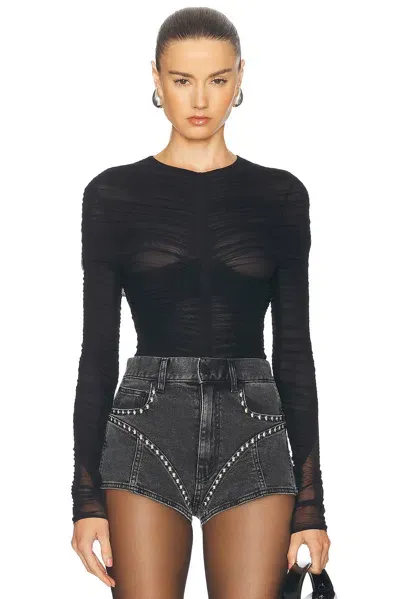 Mugler Mesh Long Sleeve Bodysuit In Black