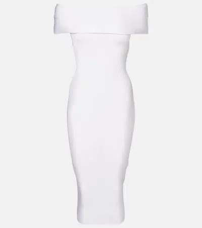 Mugler Ribbed-knit Off-shoulder Midi Dress In White