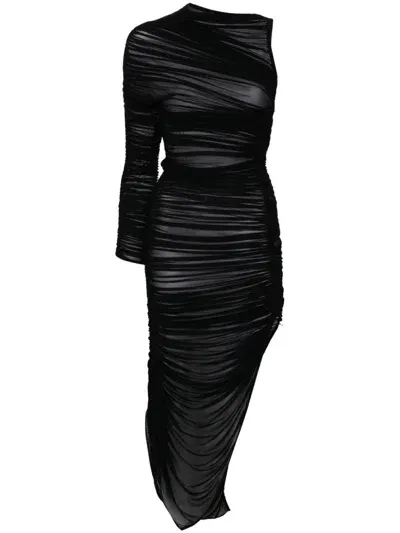 Mugler Ruched Asymmetrical Dress In Black