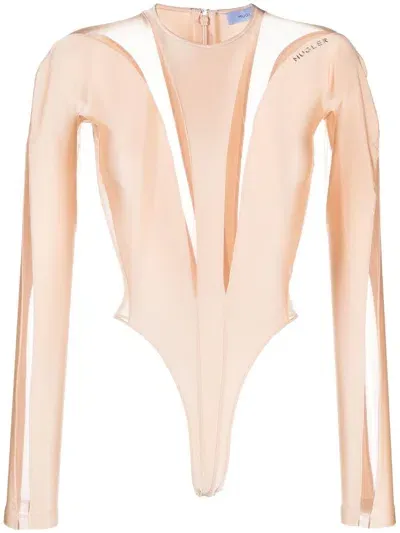 Mugler Sheer Panelling Long-sleeved Body In Neutrals