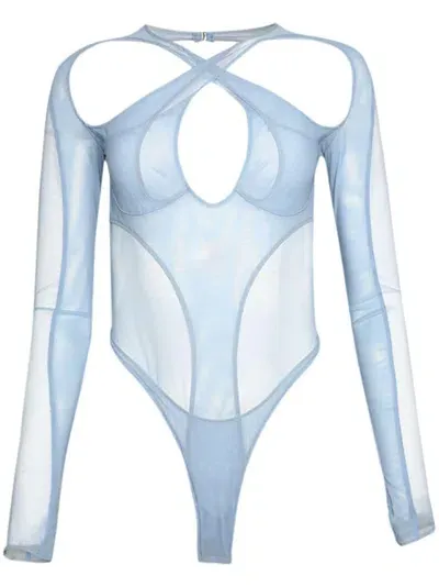 Mugler Sheer Panelling Long-sleeved Bodysuit In Blue