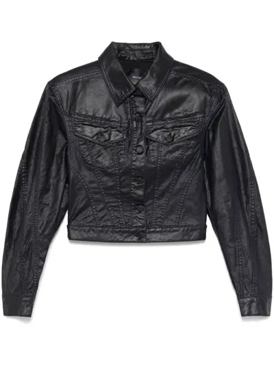 Mugler Wax-effect Denim Jacket In Midnight Blue/black