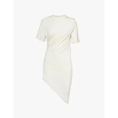 Mugler Womens Off White Asymmetric Barbell-pierced Ruched Cotton-blend Jersey Mini Dress In Neutrals