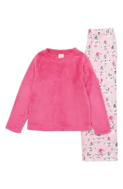 Munki Munki Kids' Holiday Cats Plush Pajamas In Pink