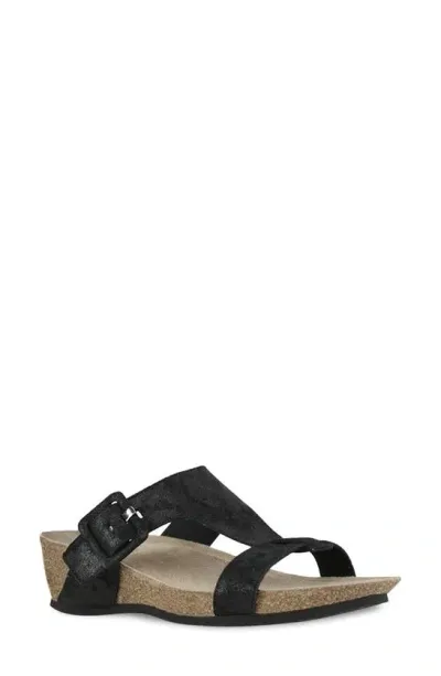 Munro Ronda T-strap Wedge Slide Sandal In Nero Metallic