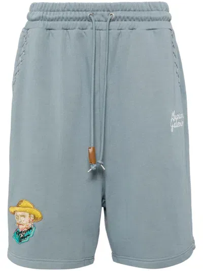 Musium Div. Van Gogh-appliqué Cotton Track Shorts In Blue