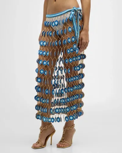 My Beachy Side Hand Crochet Convertible Skirt Dress With Evil Eye Motifs In Blue