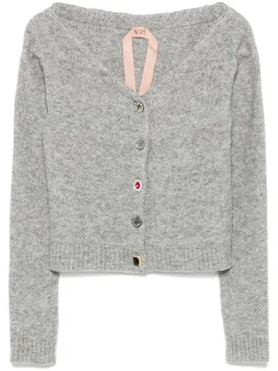 N°21 Crystal-embellished Buttons Cardigan In Grey