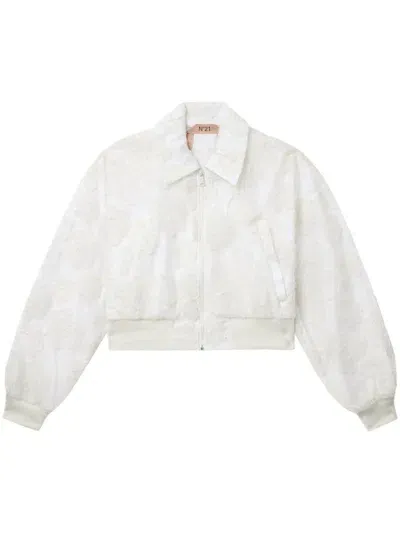 N°21 Floral Appliqué Bomber Jacket In White